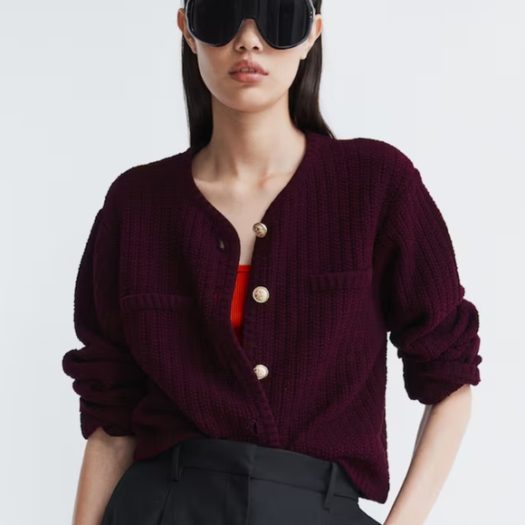 NWT H&M Cotton Blend Short Slim-fit Textured-knit Cardigan Burgundy Red XS M XL - Picture 3 of 6